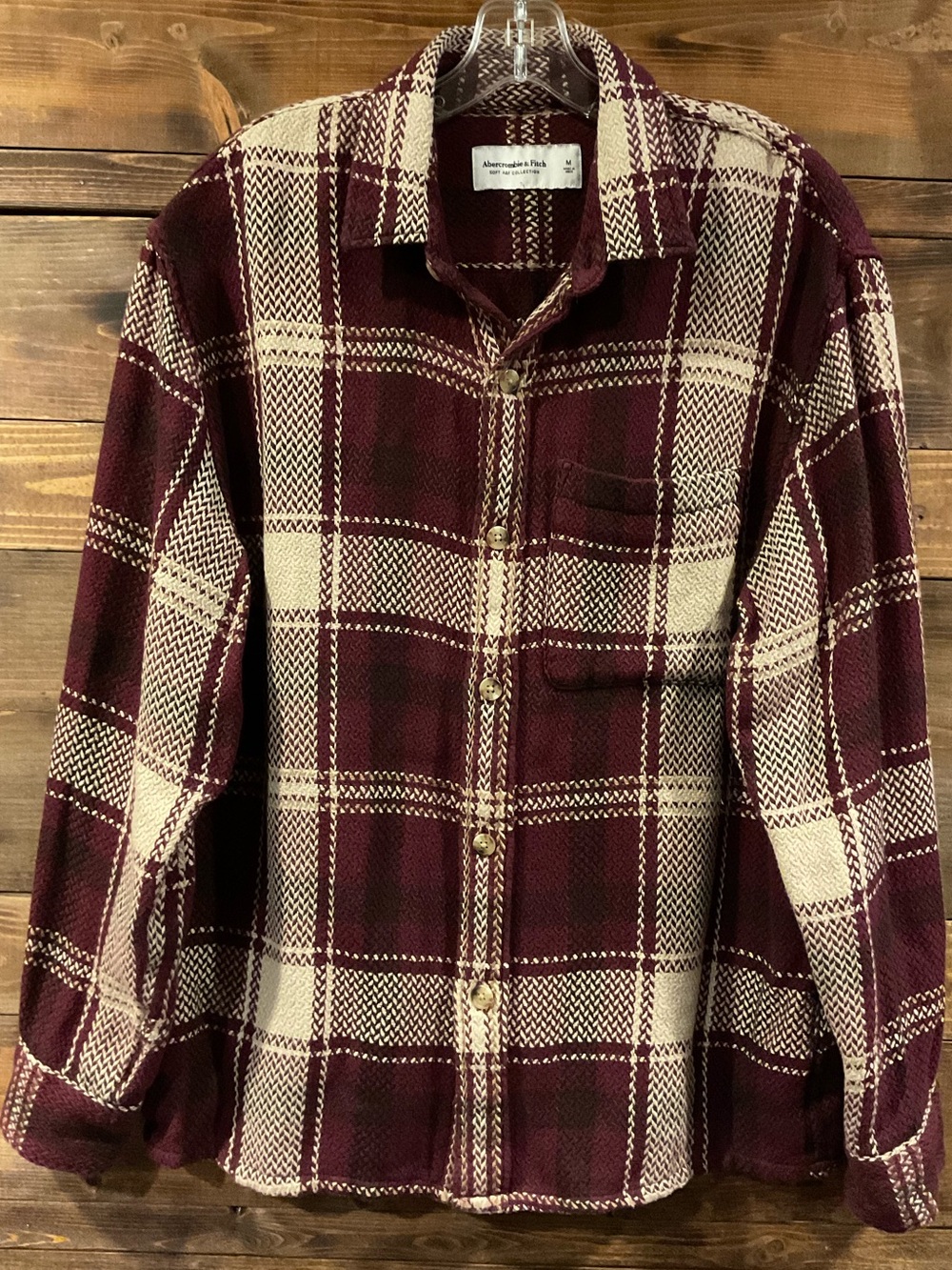 Abercrombie & Fitch Men's Burgundy and Cream Plaid Textured Flannel Shirt Medium